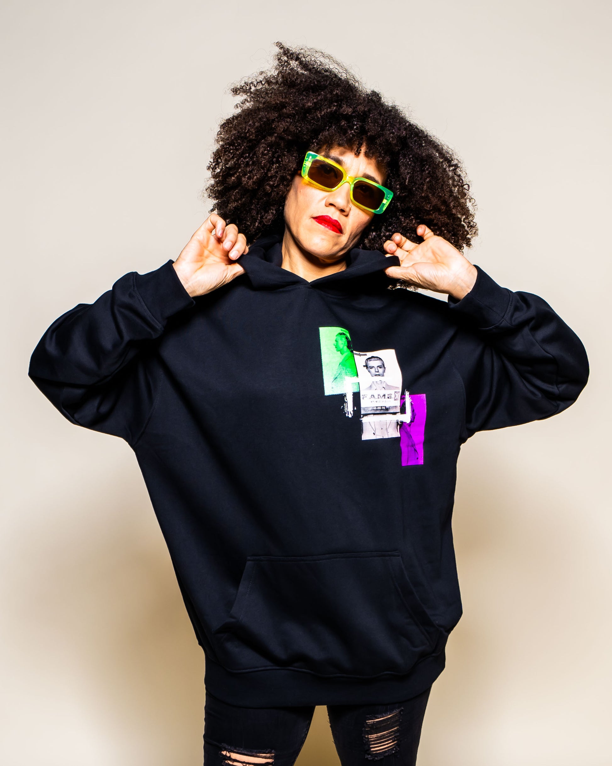 David Bowie 1976 mugshot parody art hoodie on model | F.A.M.E. X streetwear