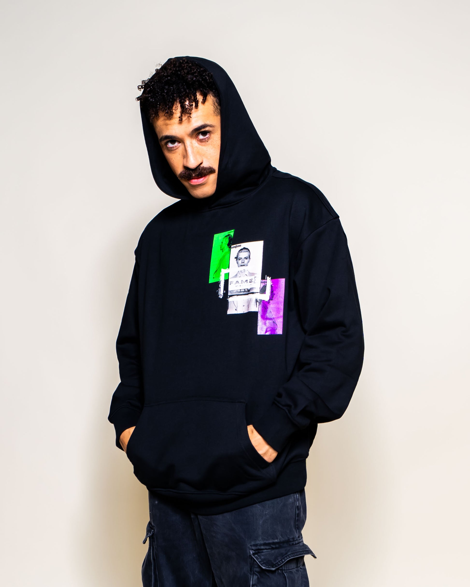 David Bowie 1976 mugshot parody art hoodie on model | F.A.M.E. X streetwear