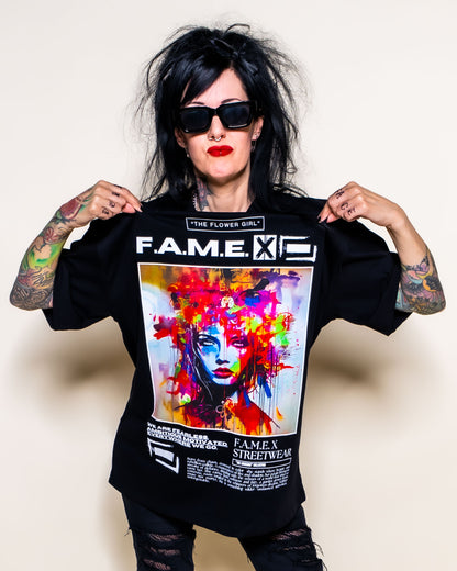 The Flower Girl flower crown pop art portrait graphic tee shirt on model | F.A.M.E. X streetwear