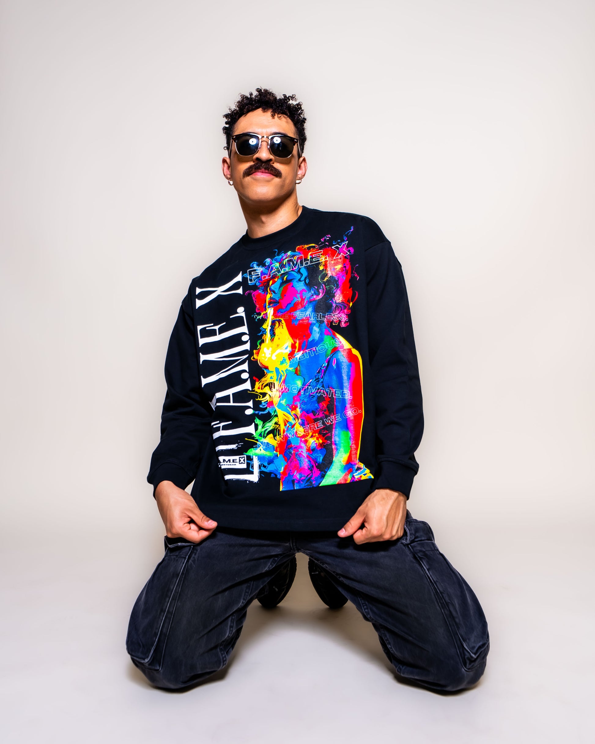 Smoker Girl pop art smoke portrait long sleeve shirt on model | F.A.M.E. X streetwear