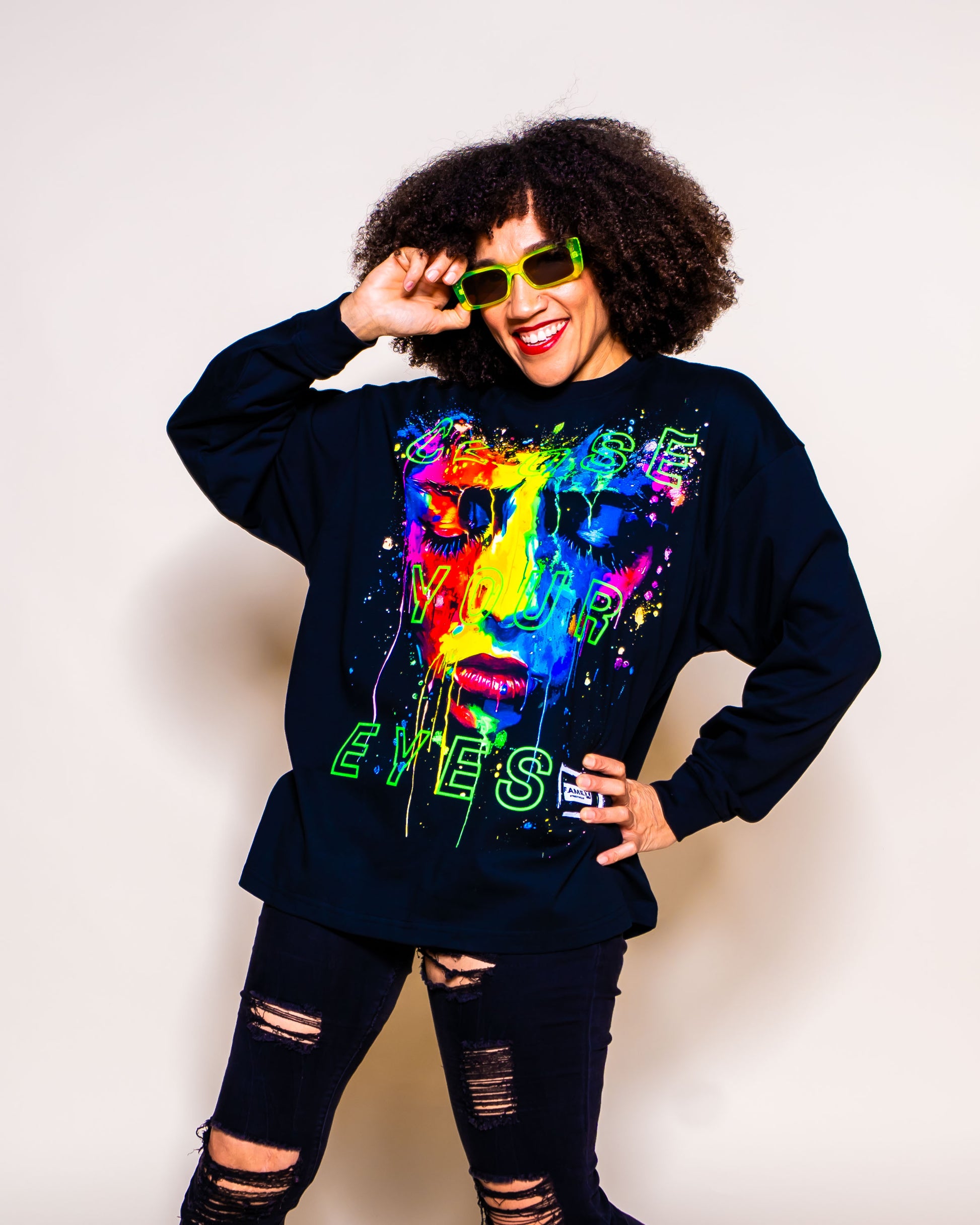 Close Your Eyes surreal pop art portrait long sleeve shirt on model | F.A.M.E. X streetwear