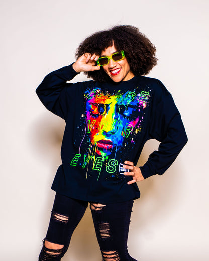 Close Your Eyes surreal pop art portrait long sleeve shirt on model | F.A.M.E. X streetwear