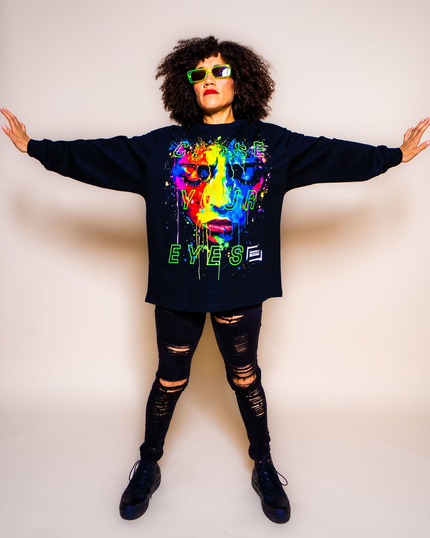Close Your Eyes surreal pop art portrait long sleeve shirt on model | F.A.M.E. X streetwear