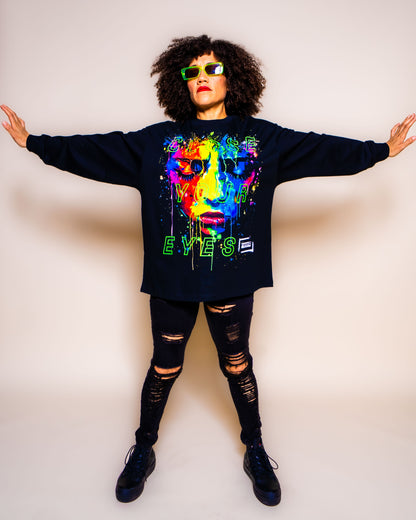 Close Your Eyes surreal pop art portrait long sleeve shirt on model | F.A.M.E. X streetwear