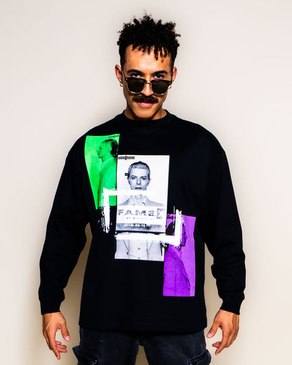 David Bowie 1976 mugshot parody art long sleeve shirt on model | F.A.M.E. X streetwear