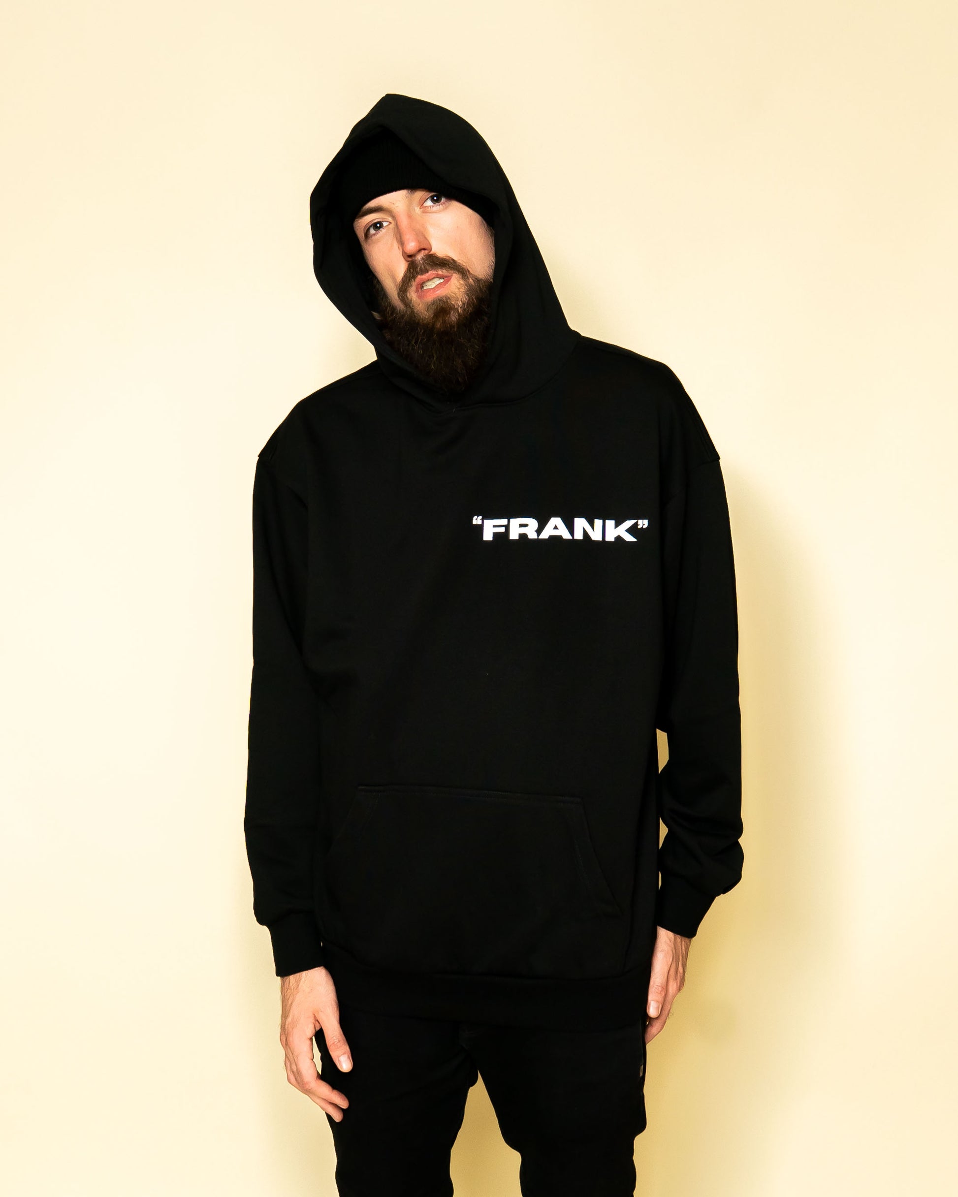 Frank Frankenstein parody art hoodie on model | F.A.M.E. X streetwear