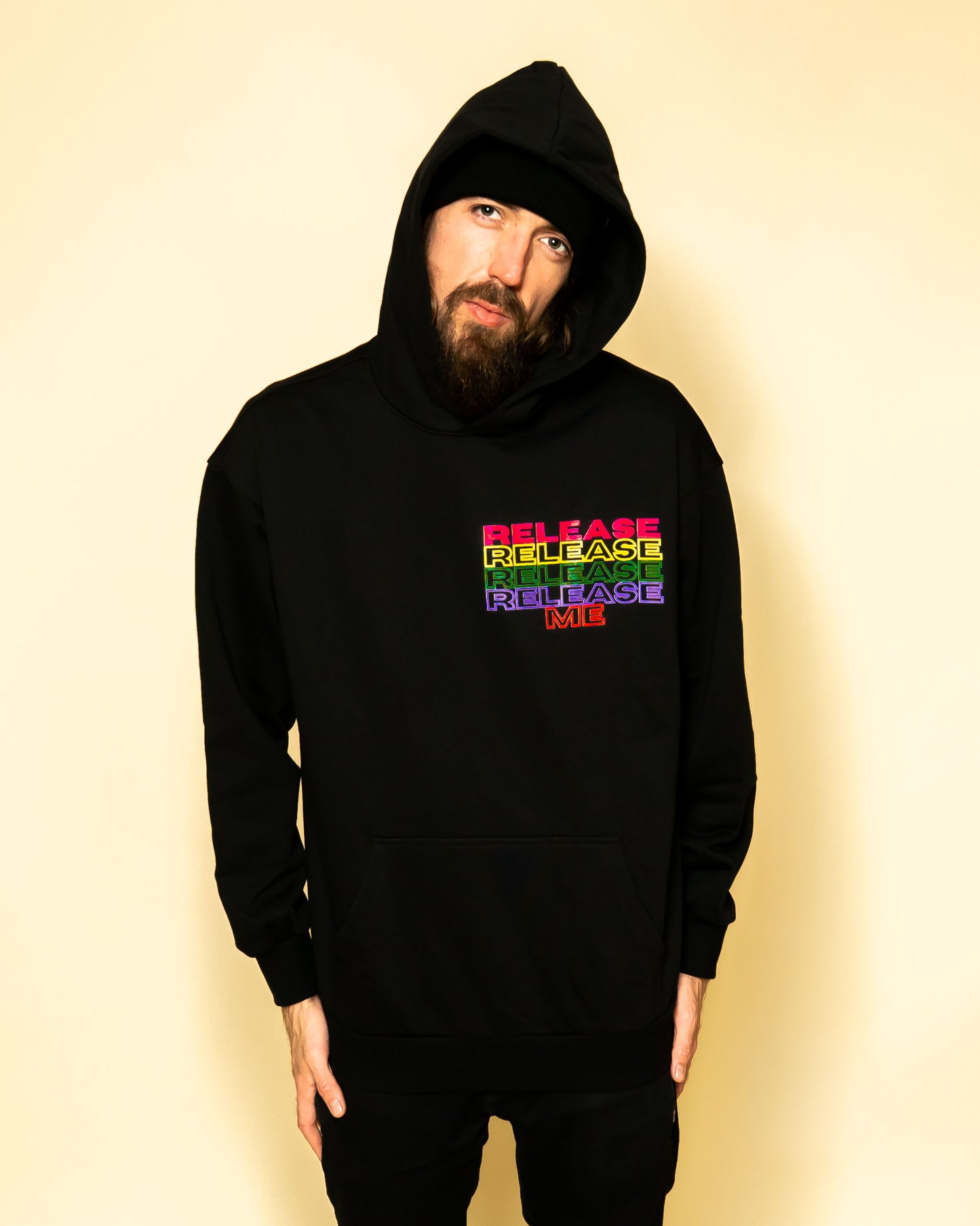 Release Me expressionist catharsis pop art hoodie on model | F.A.M.E. X streetwear