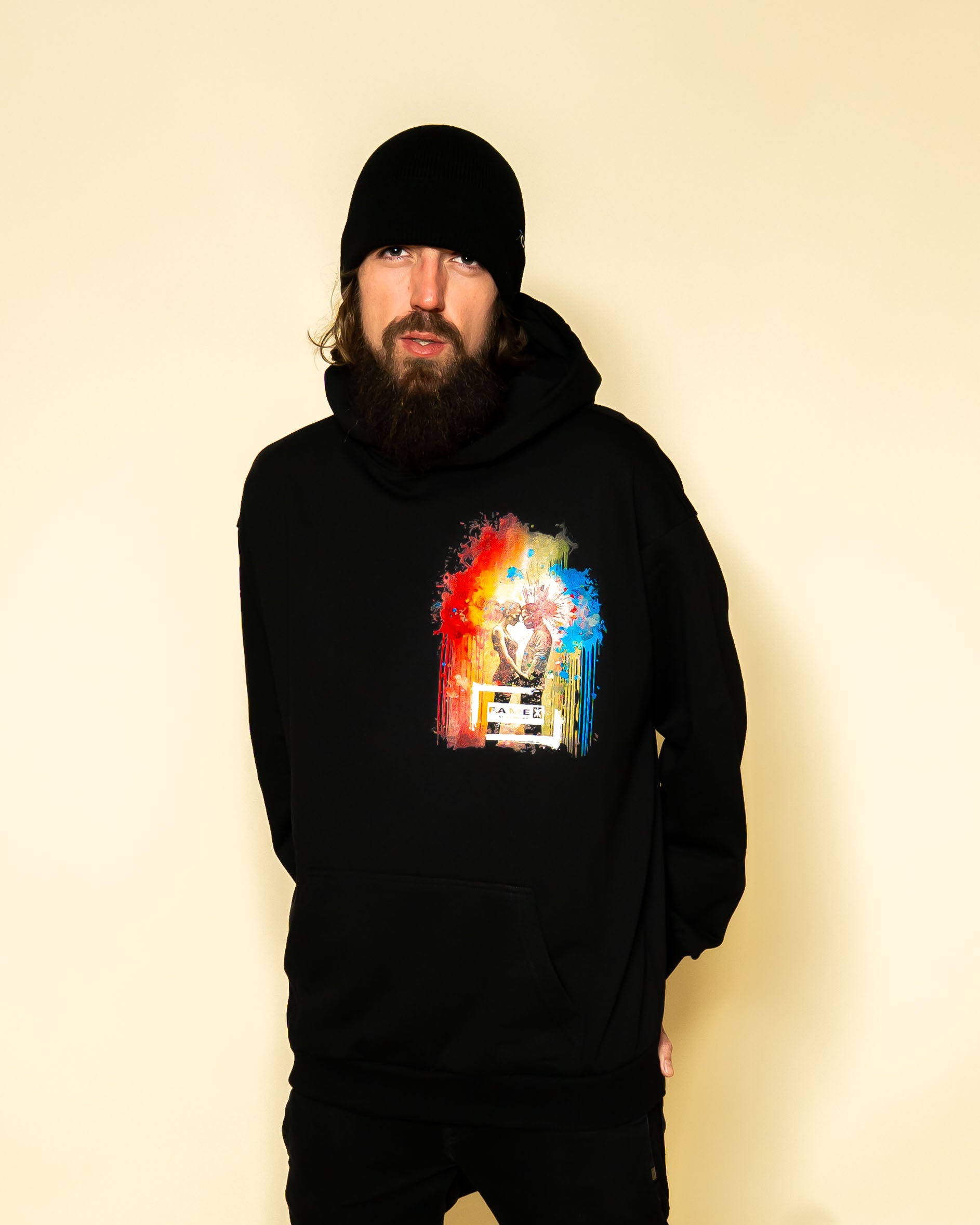 Blown Away pop art couple explosion hoodie on model | F.A.M.E. X streetwear