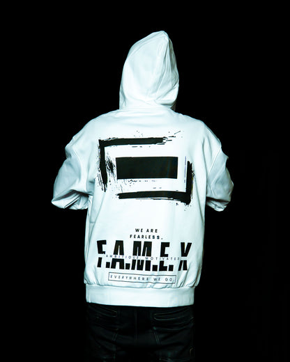 F.A.M.E. X broken frame logo hoodie on model | F.A.M.E. X streetwear