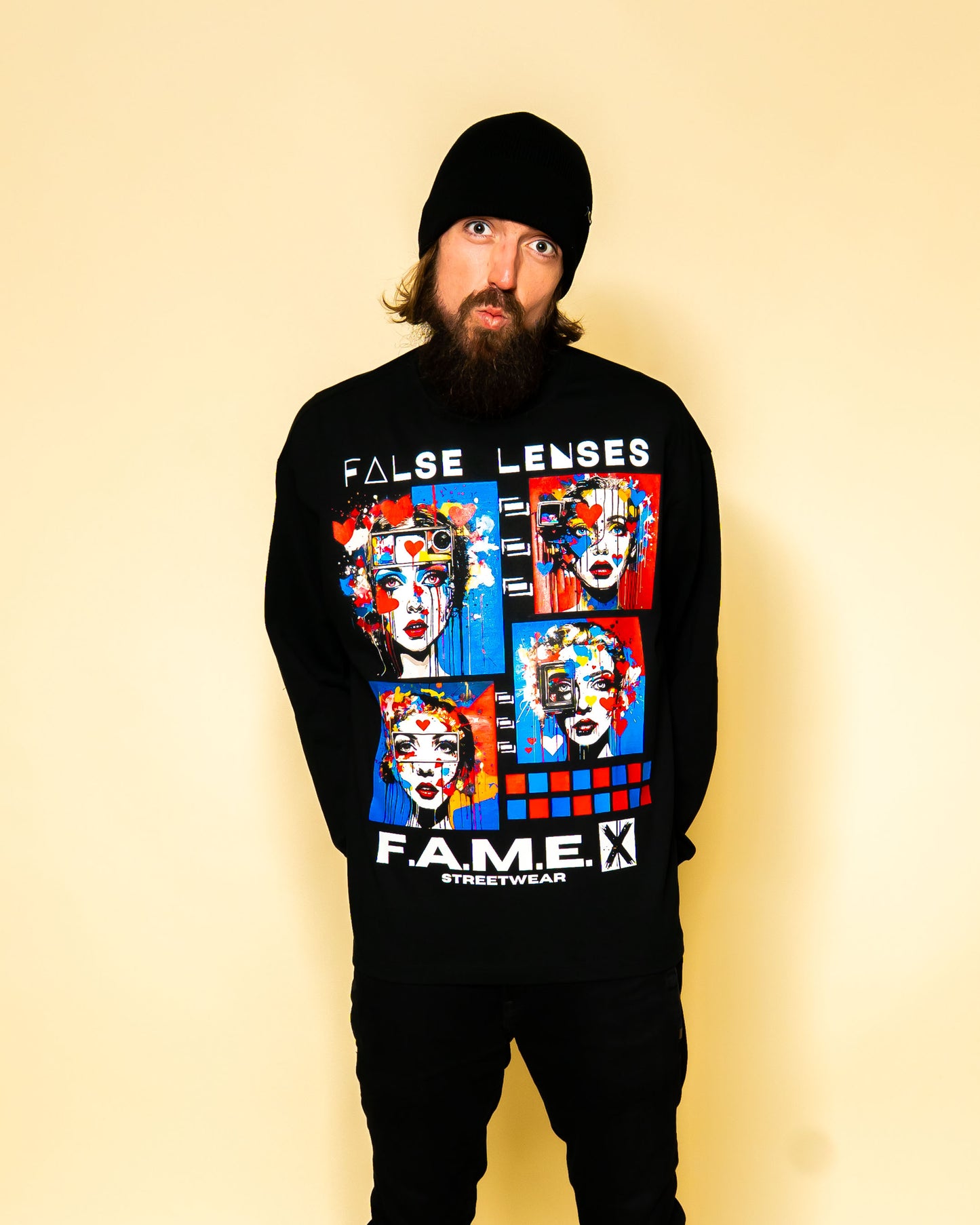 False Lenses pop surrealism lashes portrait long sleeve shirt on model | F.A.M.E. X streetwear