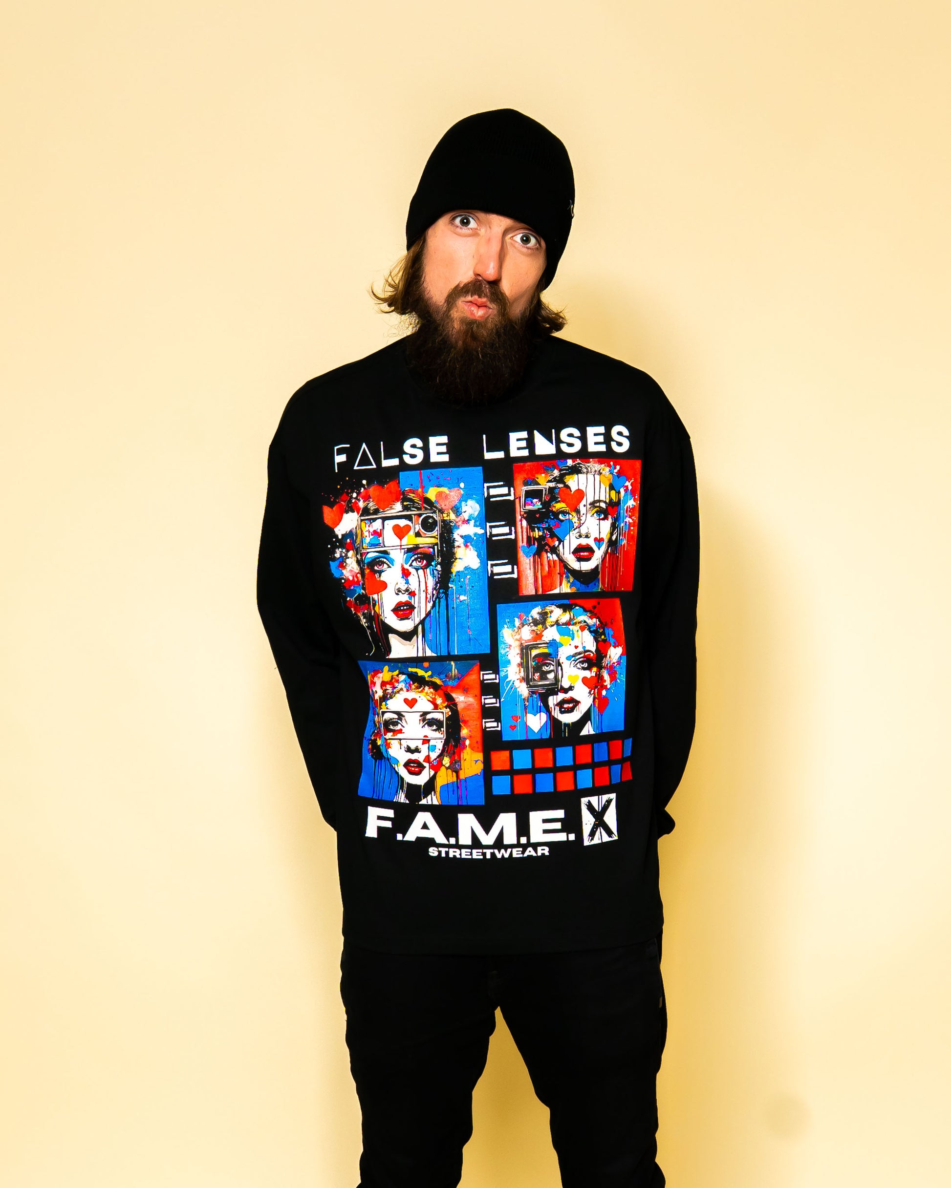 False Lenses pop surrealism lashes portrait long sleeve shirt on model | F.A.M.E. X streetwear