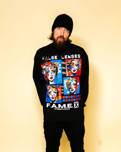 False Lenses pop surrealism lashes portrait long sleeve shirt on model | F.A.M.E. X streetwear