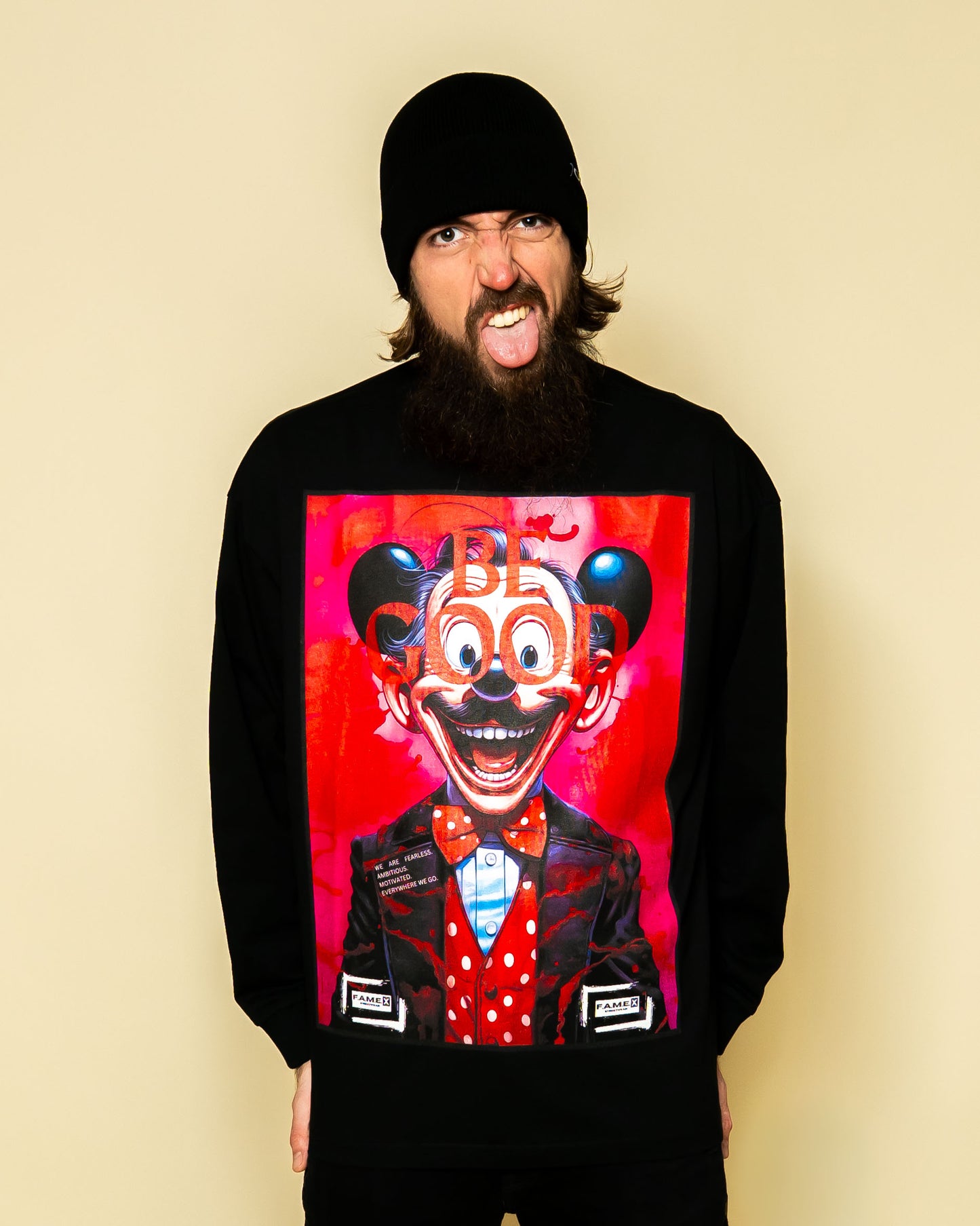 BE GOOD horror pop cartoon mascot parody art long sleeve shirt on model | F.A.M.E. X streetwear