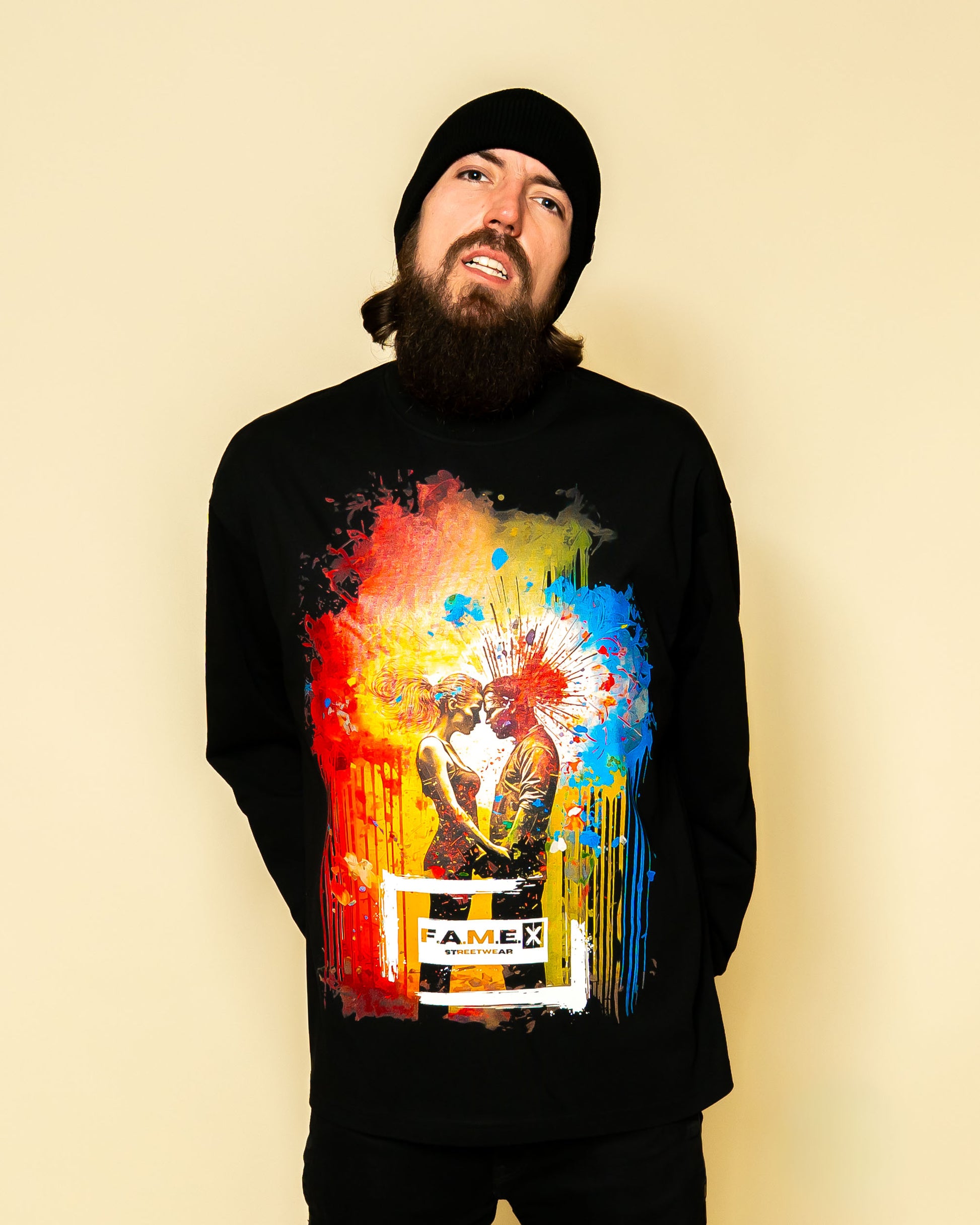 Blown Away pop art couple explosion long sleeve shirt on model | F.A.M.E. X streetwear