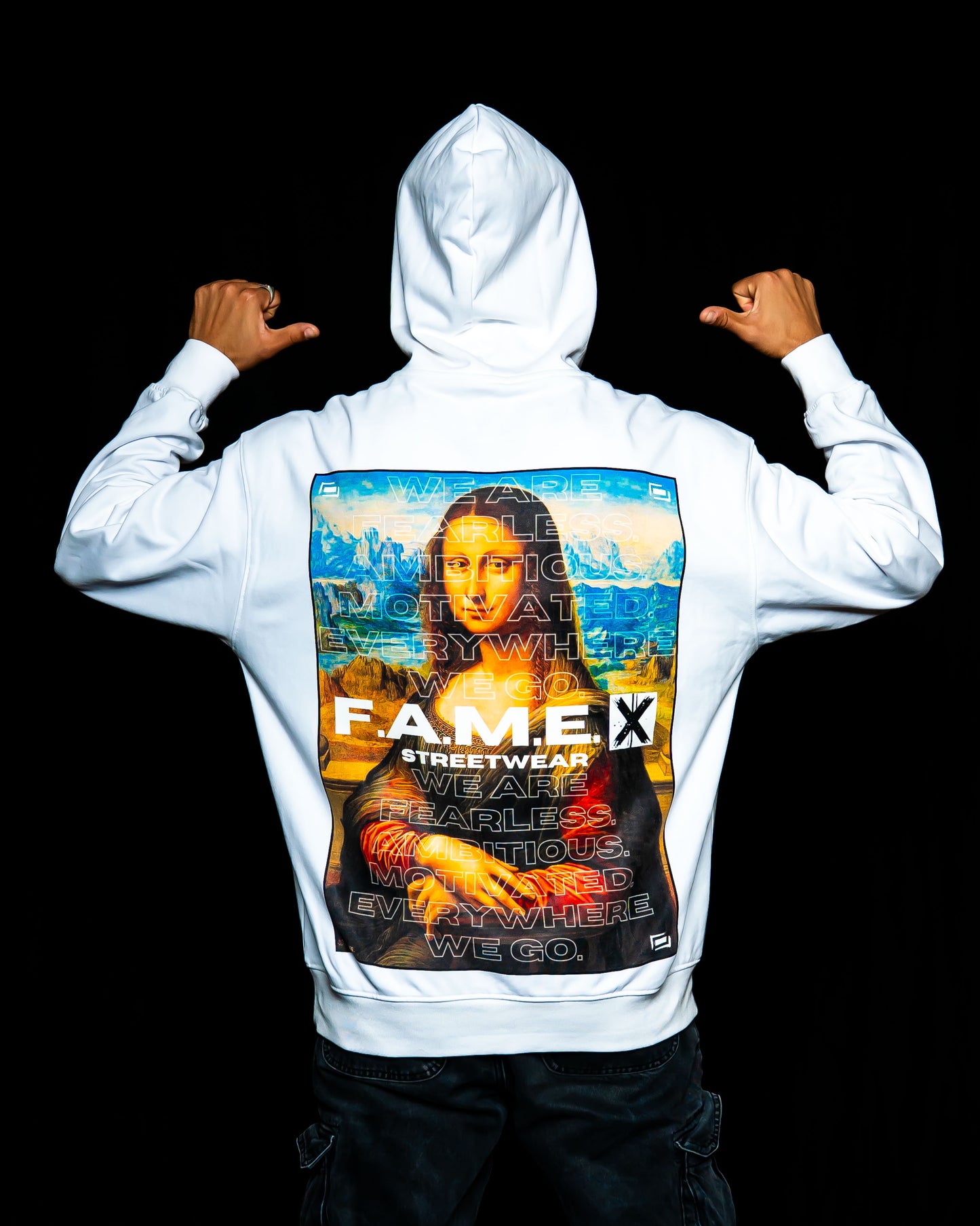 Mona Lisa twin parody art hoodie on model | F.A.M.E. X streetwear