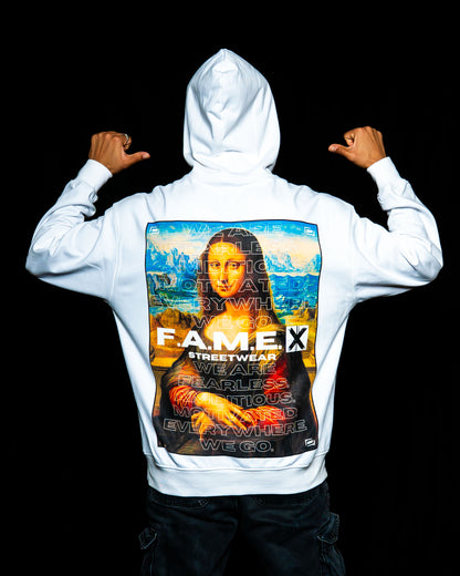 Mona Lisa twin parody art hoodie on model | F.A.M.E. X streetwear