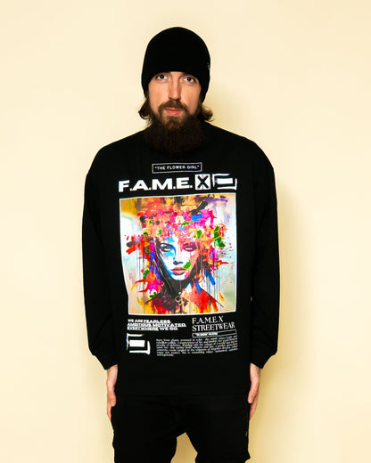 The Flower Girl flower crown pop art portrait long sleeve shirt on model | F.A.M.E. X streetwear