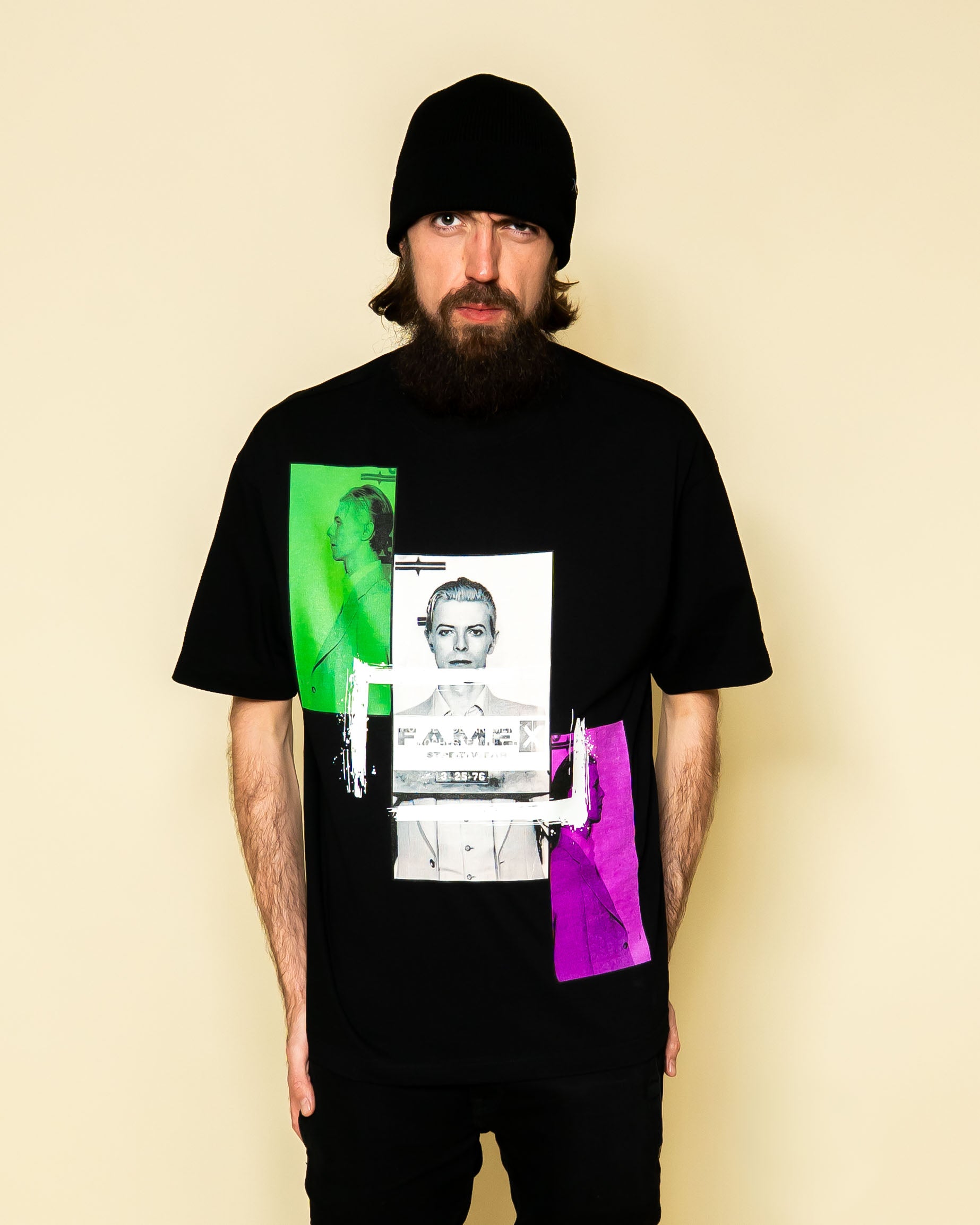 David Bowie 1976 mugshot parody art graphic tee shirt on model | F.A.M.E. X streetwear