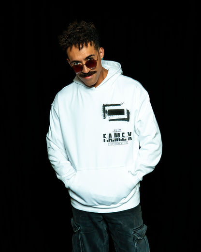 F.A.M.E. X broken frame logo hoodie on model | F.A.M.E. X streetwear