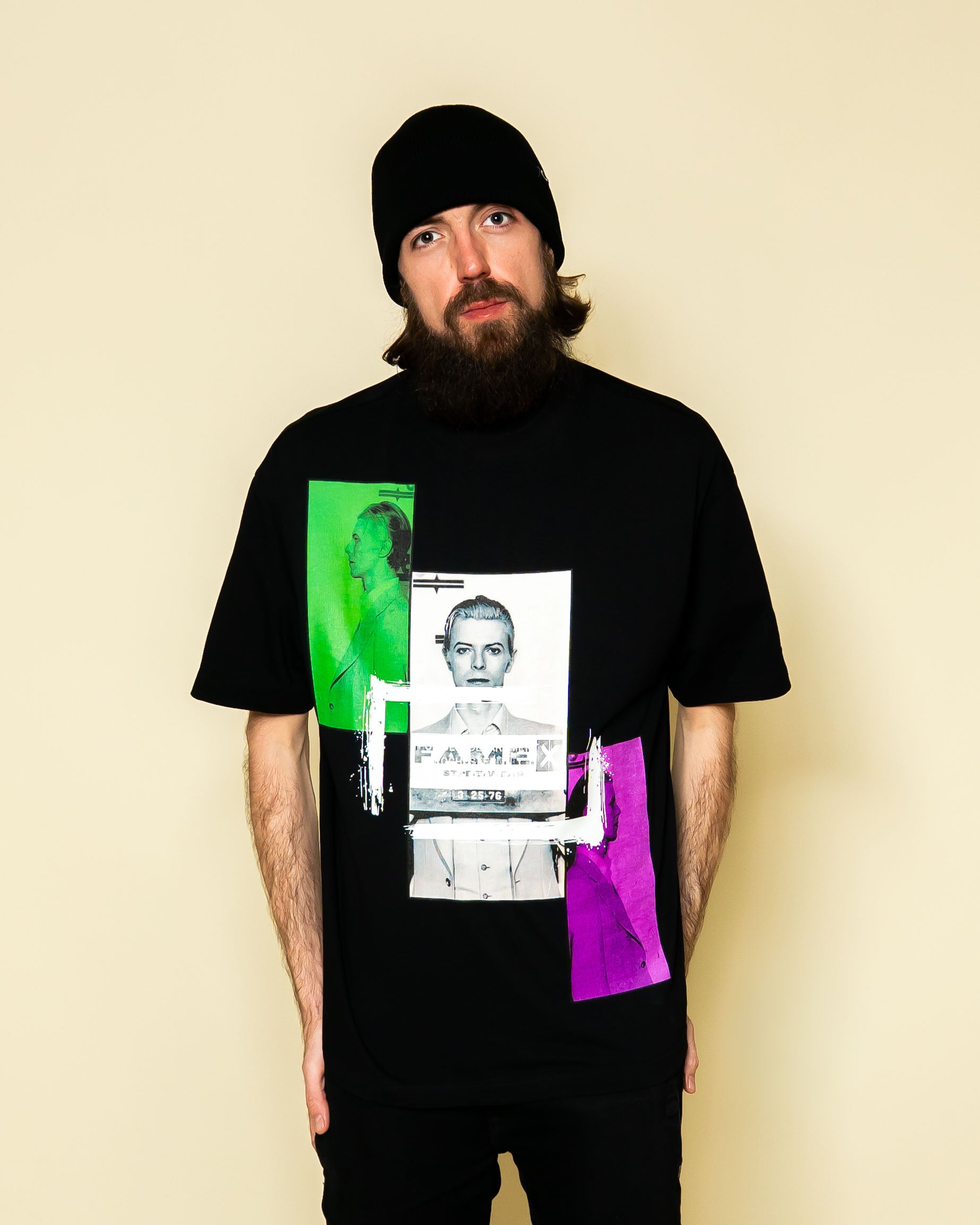 David Bowie 1976 mugshot parody art graphic tee shirt on model | F.A.M.E. X streetwear