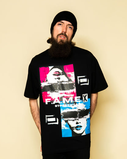 Electric Jane Doe Warhol style pop art graphic tee shirt on model | F.A.M.E. X streetwear
