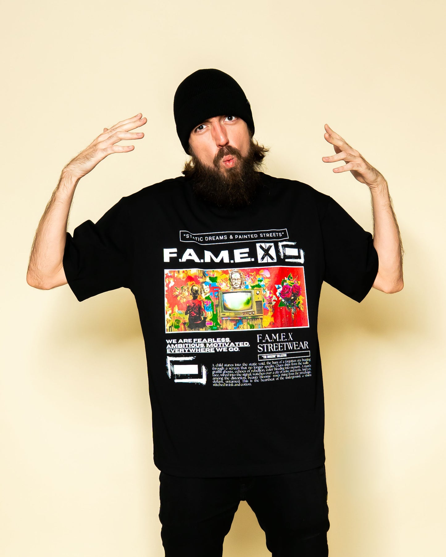 Static Dreams retro TV static pop art graphic tee shirt on model | F.A.M.E. X streetwear