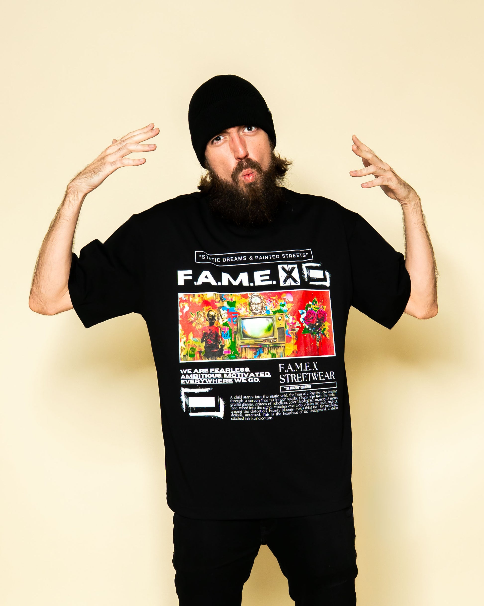 Static Dreams retro TV static pop art graphic tee shirt on model | F.A.M.E. X streetwear