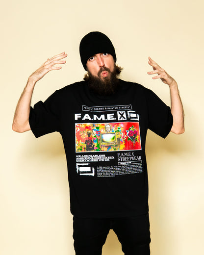 Static Dreams retro TV static pop art graphic tee shirt on model | F.A.M.E. X streetwear