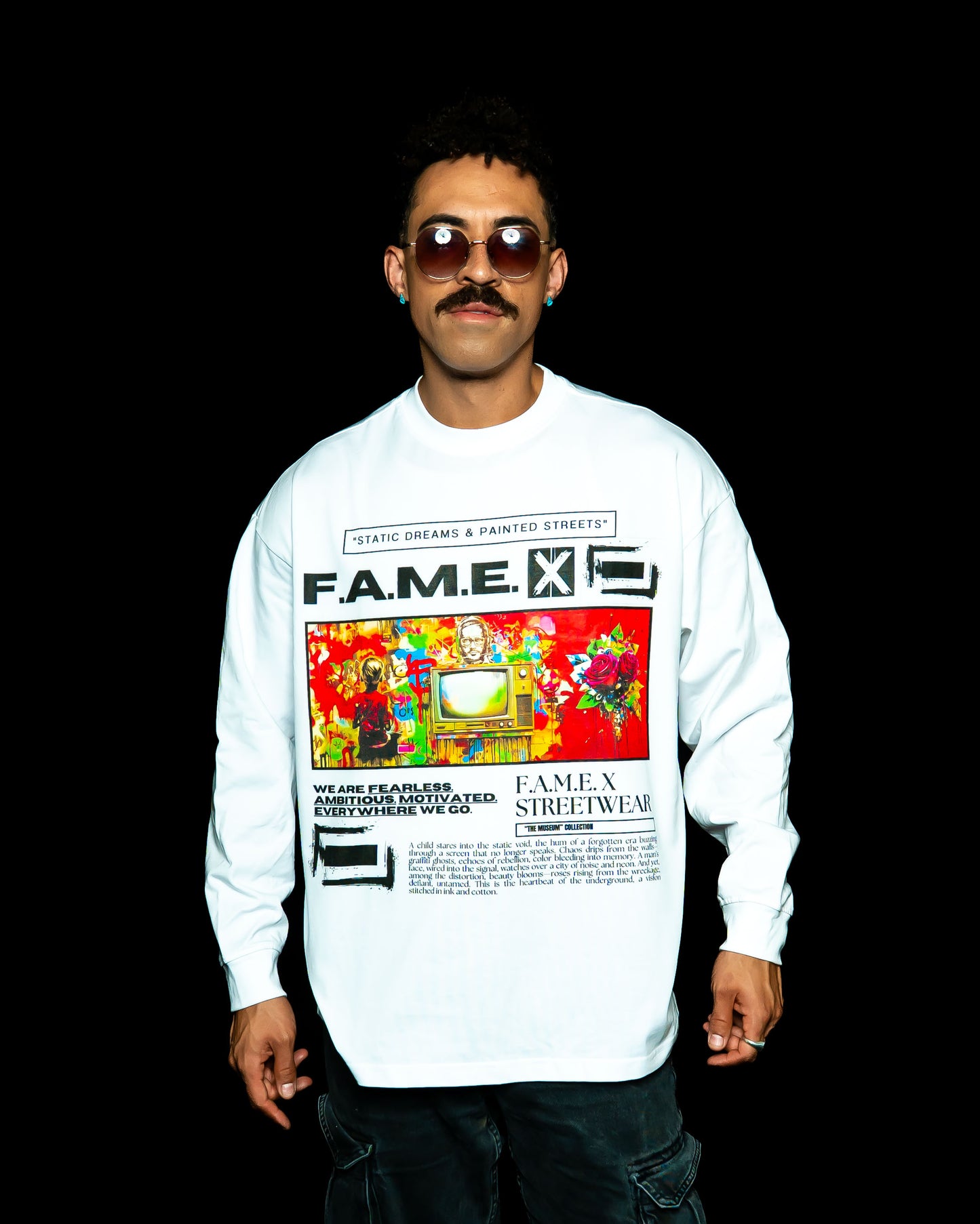 Static Dreams retro TV static pop art long sleeve shirt on model | F.A.M.E. X streetwear