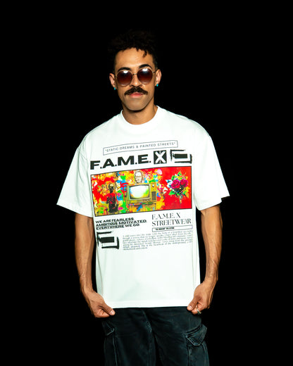 Static Dreams retro TV static pop art graphic tee shirt on model | F.A.M.E. X streetwear