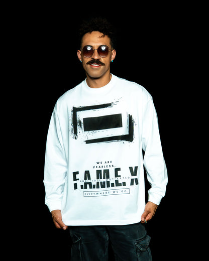 F.A.M.E. X broken frame logo long sleeve shirt on model | F.A.M.E. X streetwear