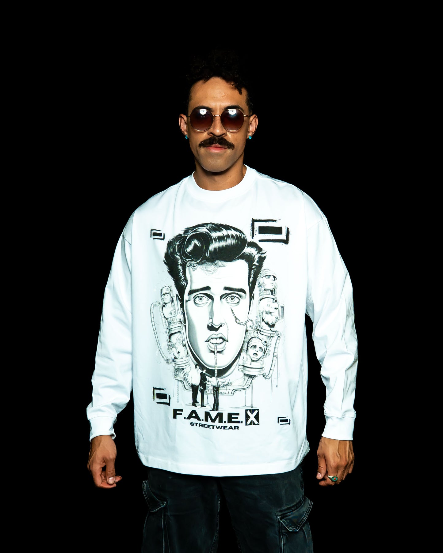 Man-Made King Elvis inspired king of rock pop art long sleeve shirt on model | F.A.M.E. X streetwear