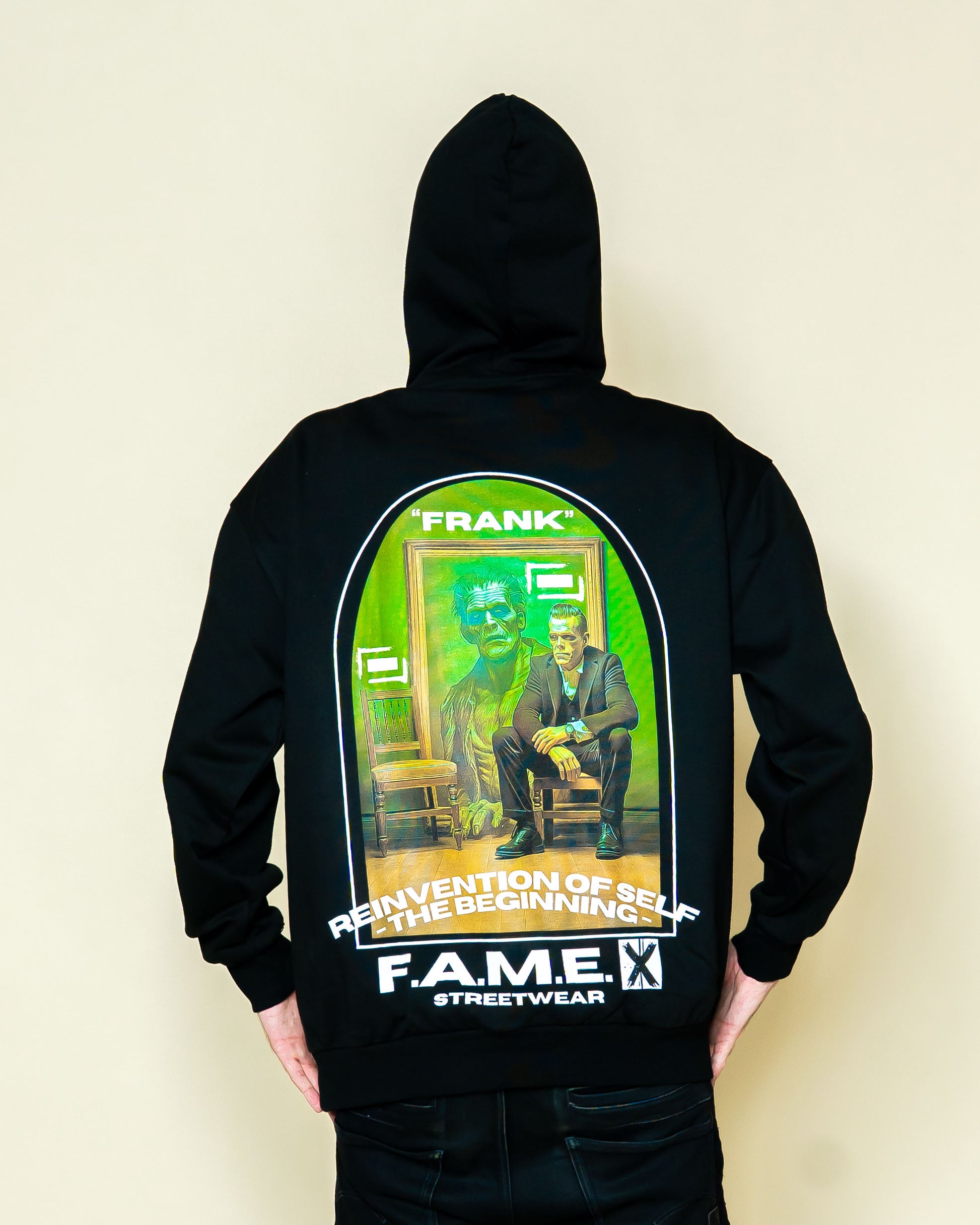 Frank Frankenstein parody art hoodie on model | F.A.M.E. X streetwear