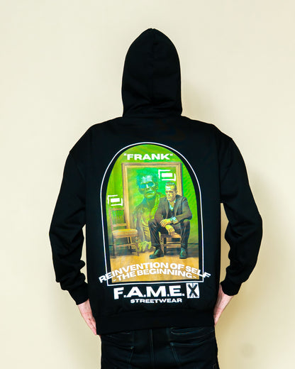 Frank Frankenstein parody art hoodie on model | F.A.M.E. X streetwear