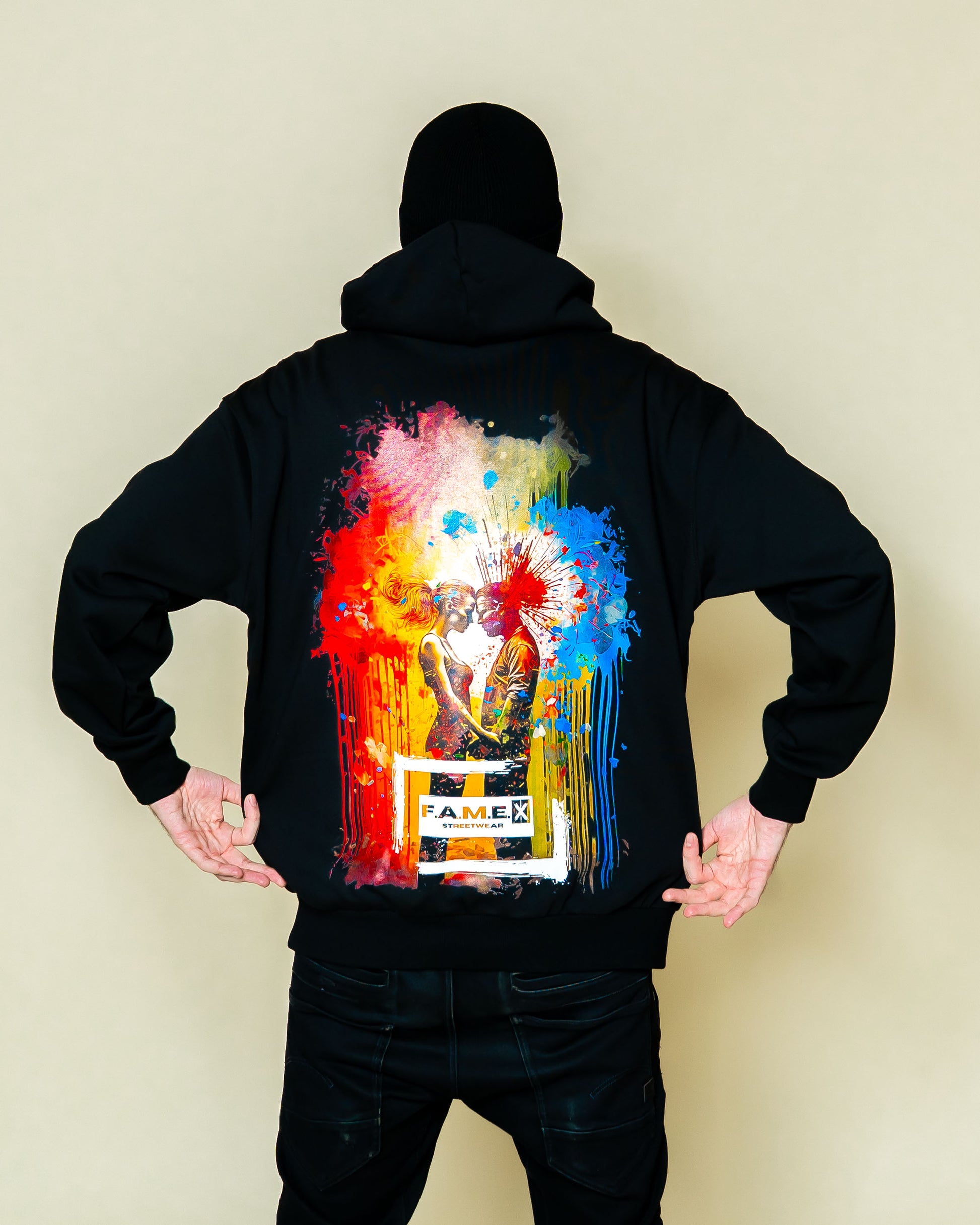 Blown Away pop art couple explosion hoodie on model | F.A.M.E. X streetwear