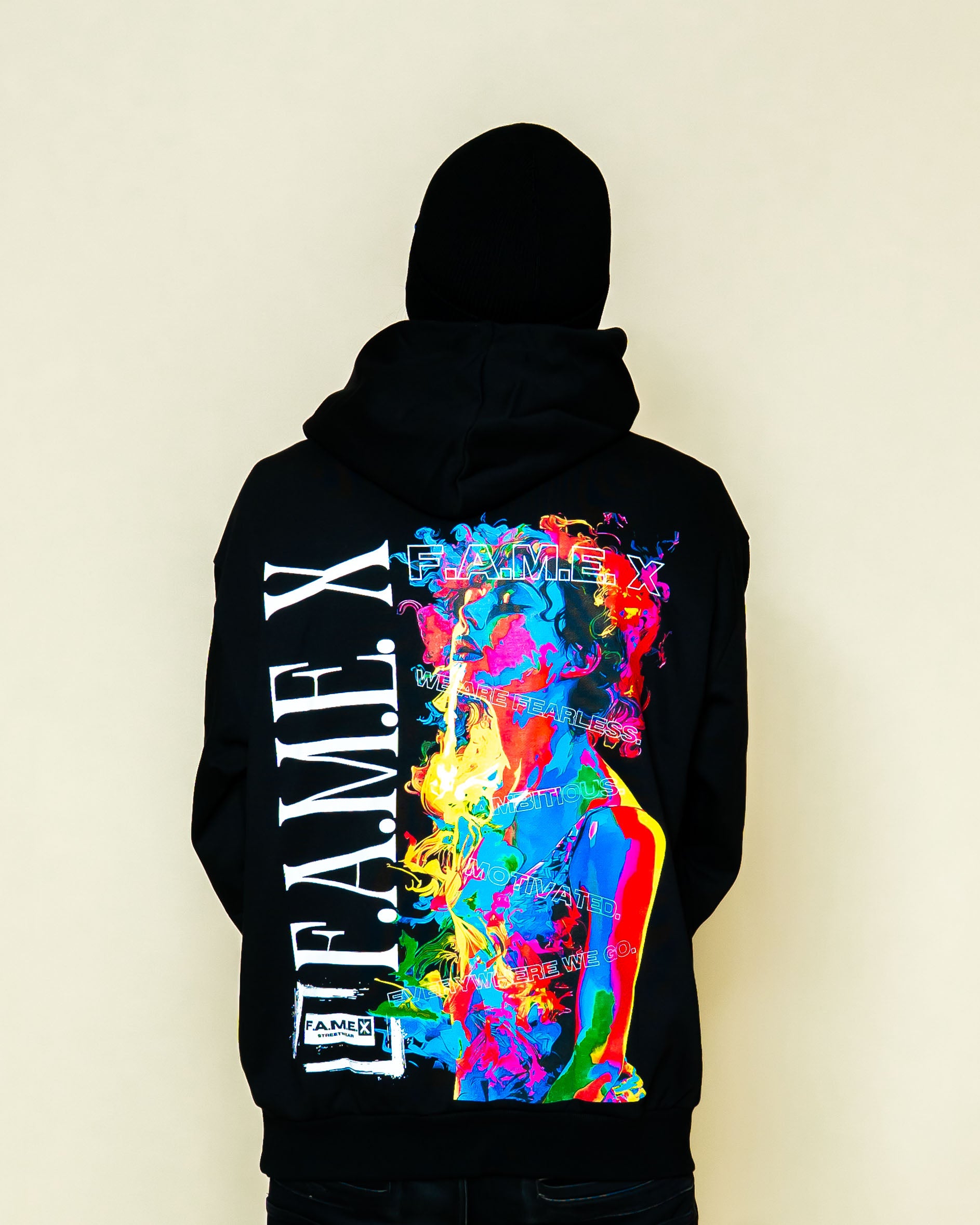 Smoker Girl pop art smoke portrait hoodie on model | F.A.M.E. X streetwear
