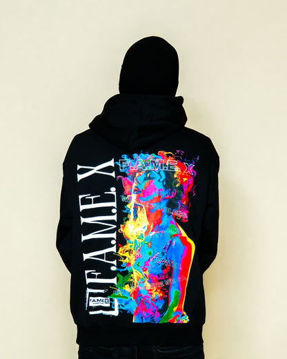 Smoker Girl pop art smoke portrait hoodie on model | F.A.M.E. X streetwear