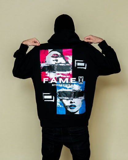 Electric Jane Doe Warhol style pop art hoodie on model | F.A.M.E. X streetwear
