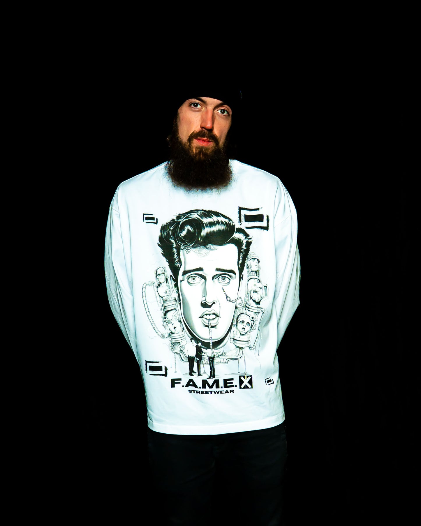 Man-Made King Elvis inspired king of rock pop art long sleeve shirt on model | F.A.M.E. X streetwear