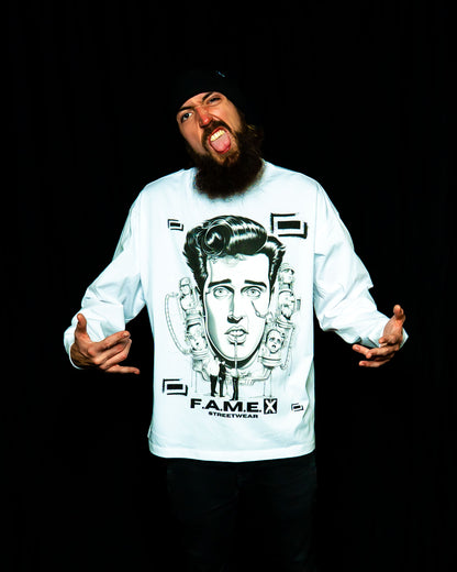 Man-Made King Elvis inspired king of rock pop art long sleeve shirt on model | F.A.M.E. X streetwear