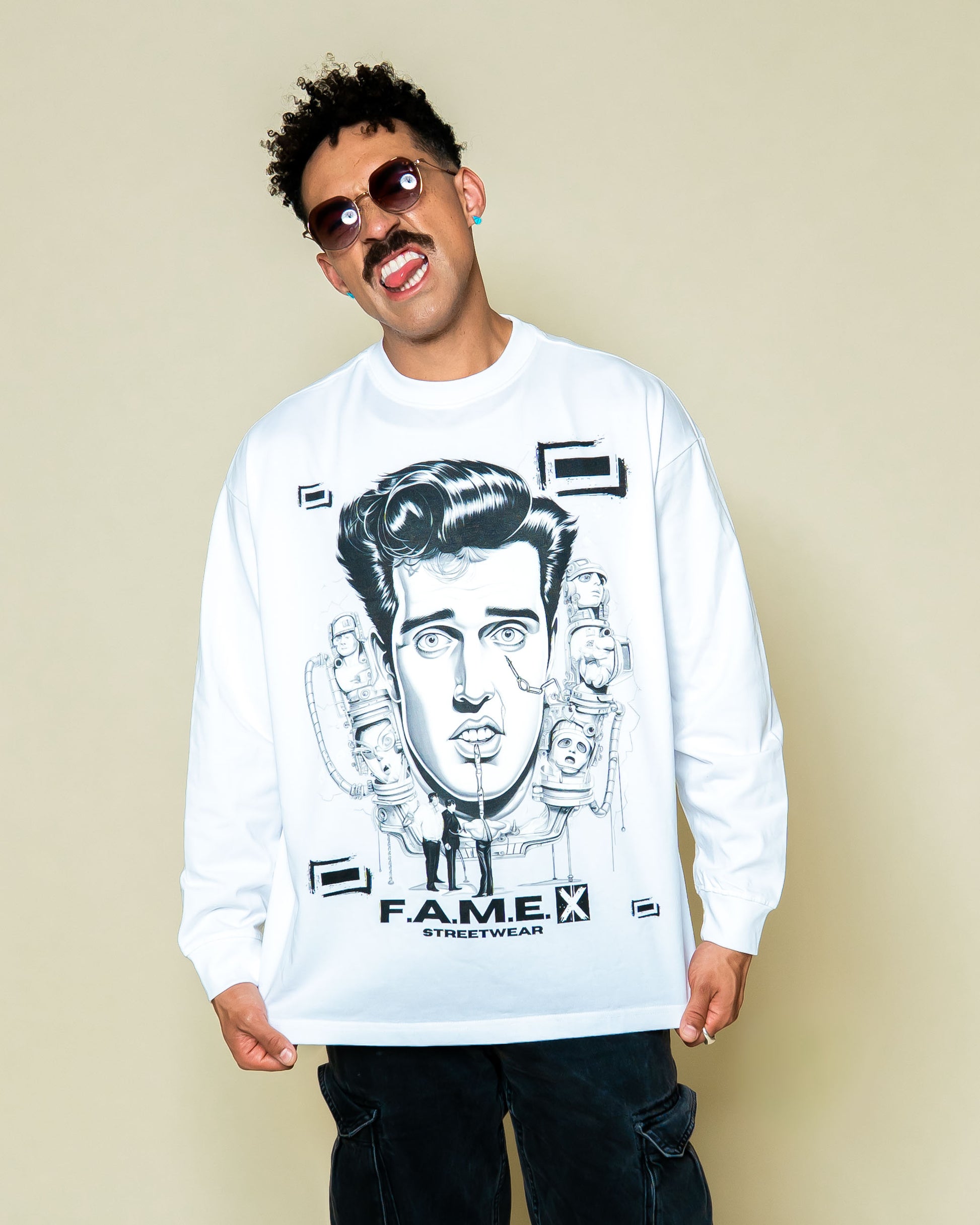 Man-Made King Elvis inspired king of rock pop art long sleeve shirt on model | F.A.M.E. X streetwear