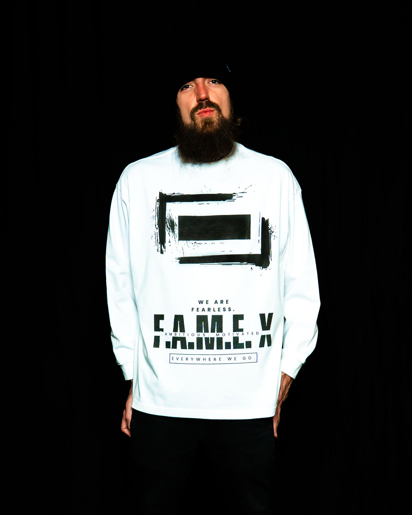 F.A.M.E. X broken frame logo long sleeve shirt on model | F.A.M.E. X streetwear