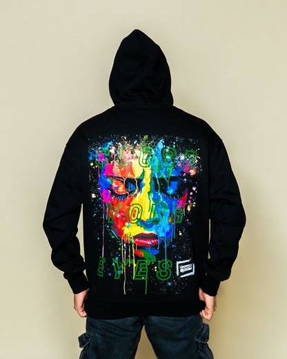 Close Your Eyes surreal pop art portrait hoodie on model | F.A.M.E. X streetwear