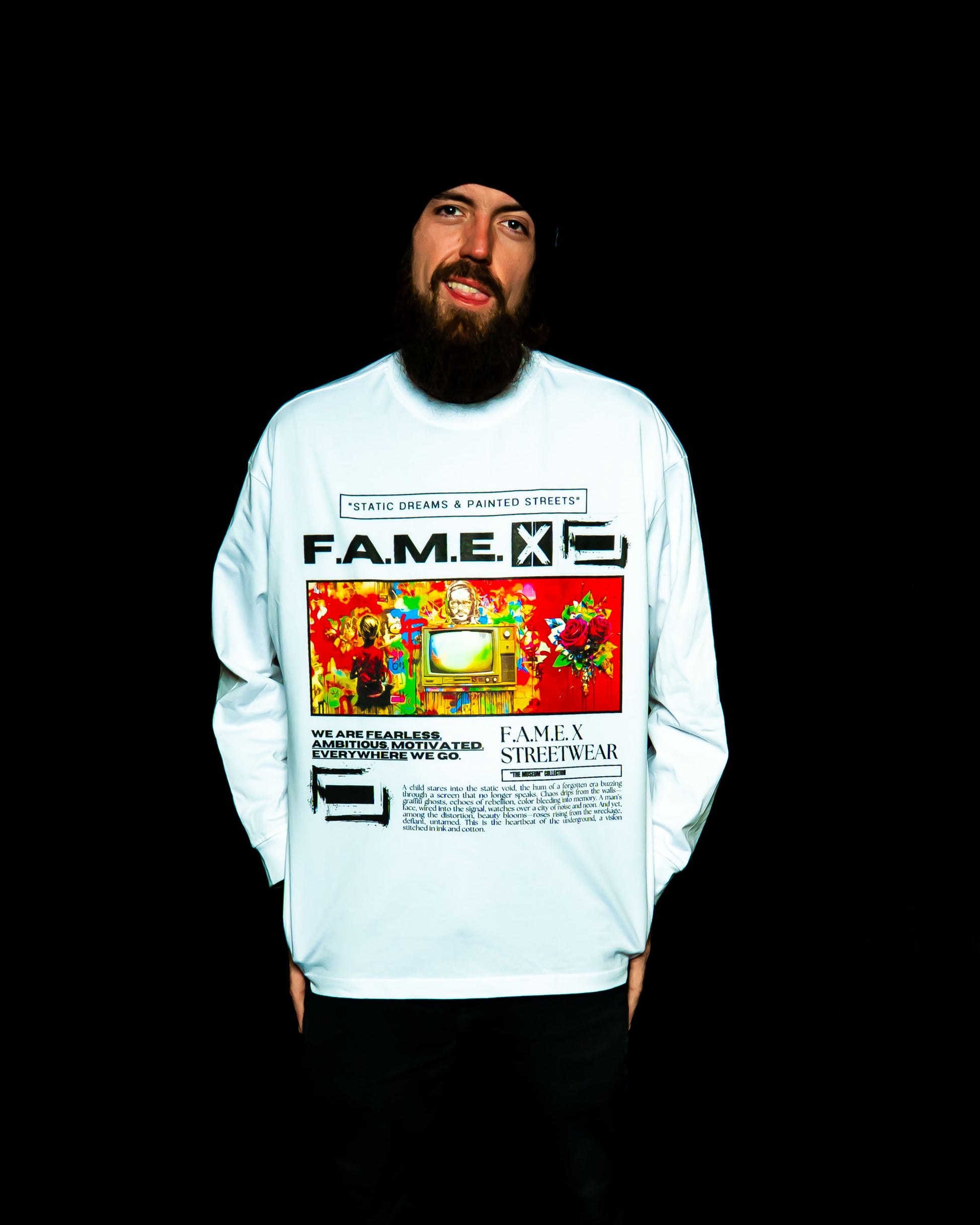 Static Dreams retro TV static pop art long sleeve shirt on model | F.A.M.E. X streetwear