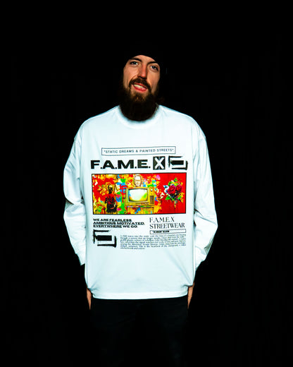 Static Dreams retro TV static pop art long sleeve shirt on model | F.A.M.E. X streetwear