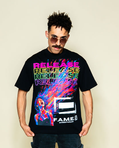 Release Me expressionist catharsis pop art graphic tee shirt on model | F.A.M.E. X streetwear