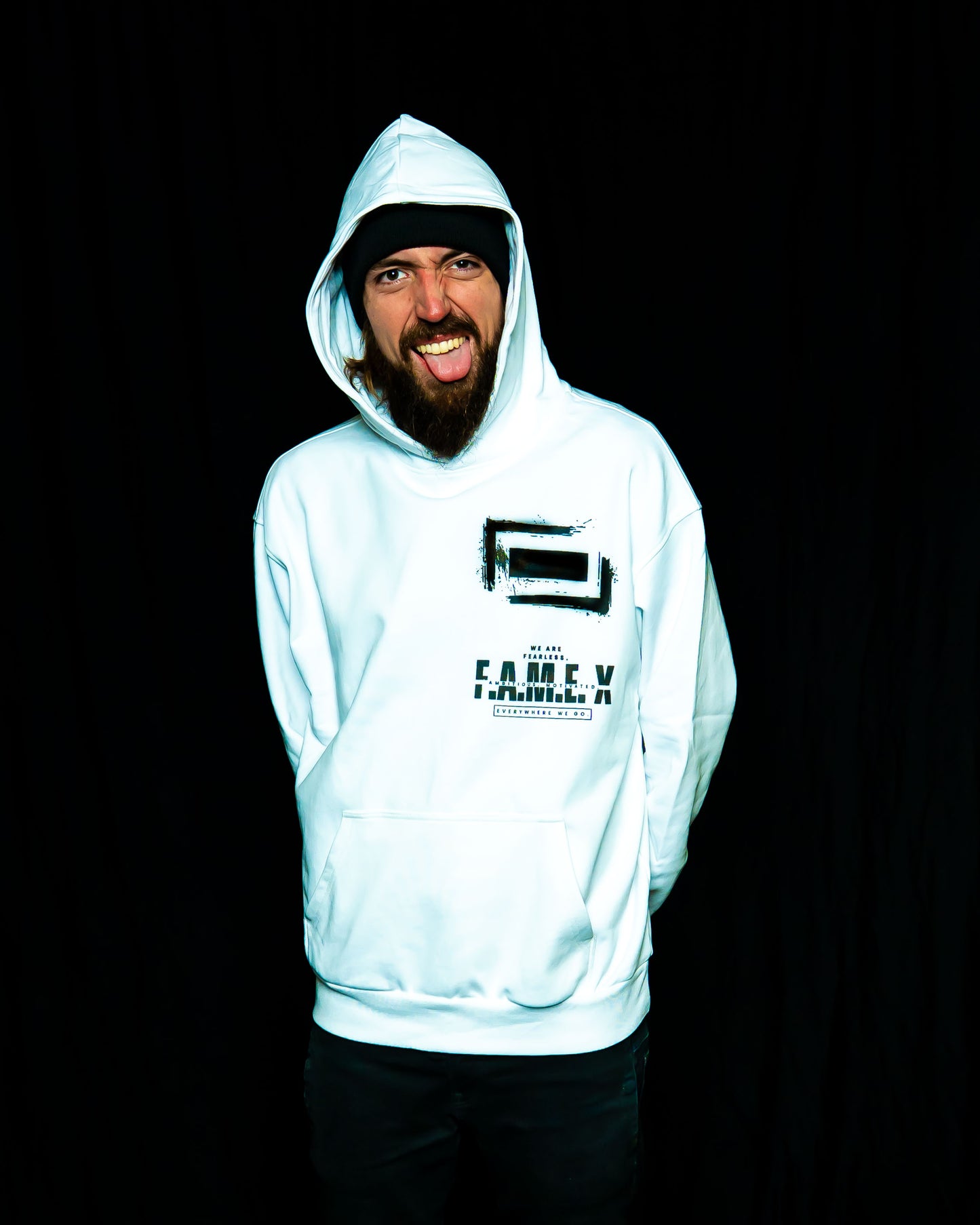 F.A.M.E. X broken frame logo hoodie on model | F.A.M.E. X streetwear