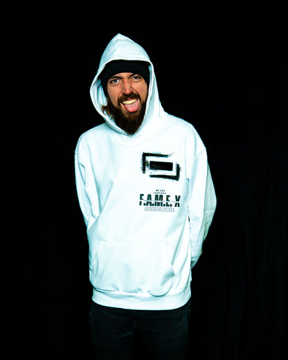 F.A.M.E. X broken frame logo hoodie on model | F.A.M.E. X streetwear