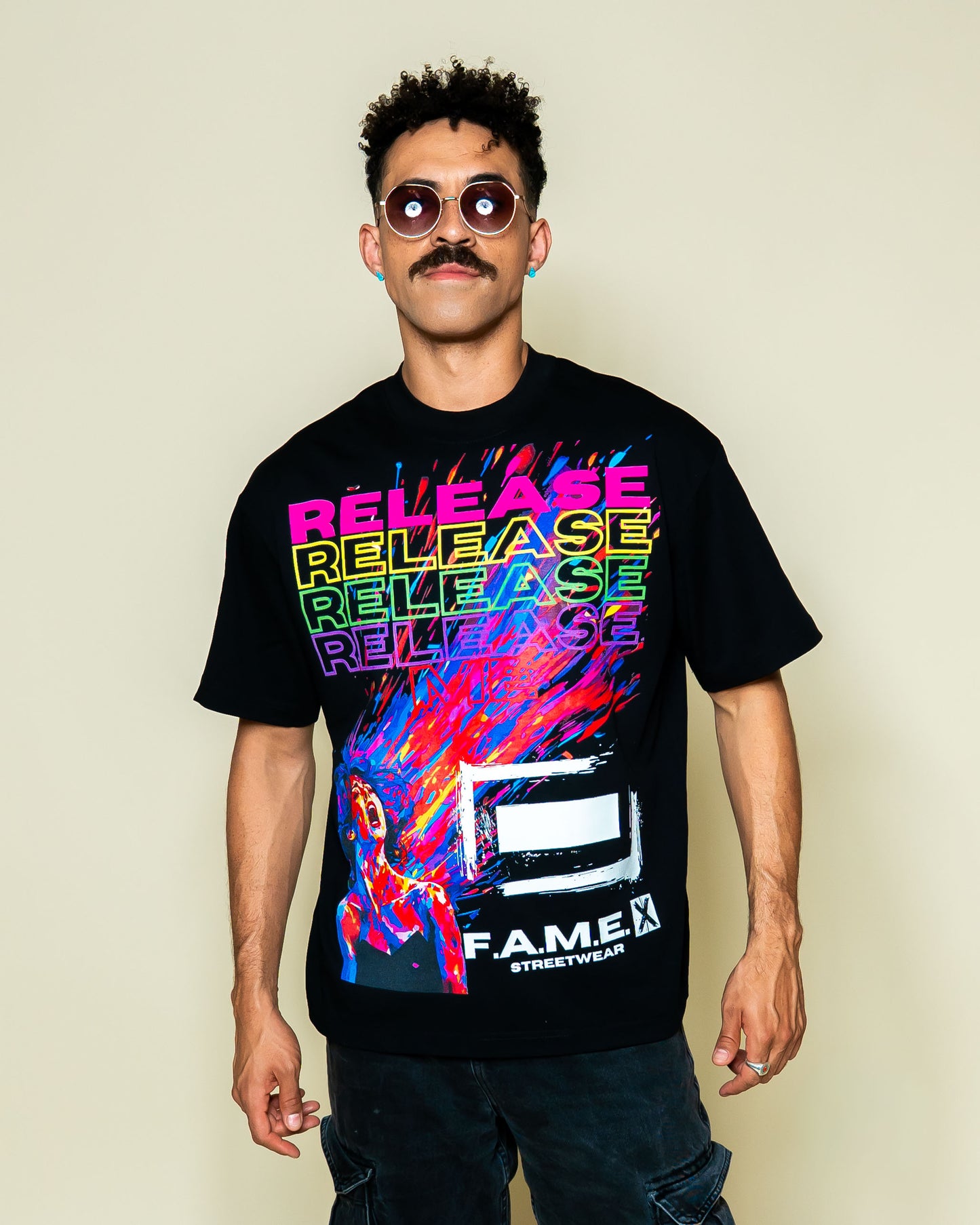 Release Me expressionist catharsis pop art graphic tee shirt on model | F.A.M.E. X streetwear