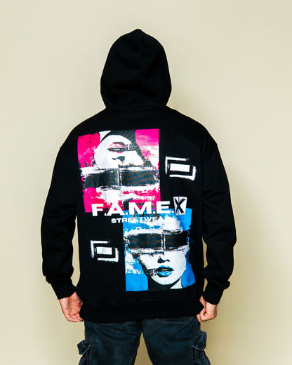 Electric Jane Doe Warhol style pop art hoodie on model | F.A.M.E. X streetwear